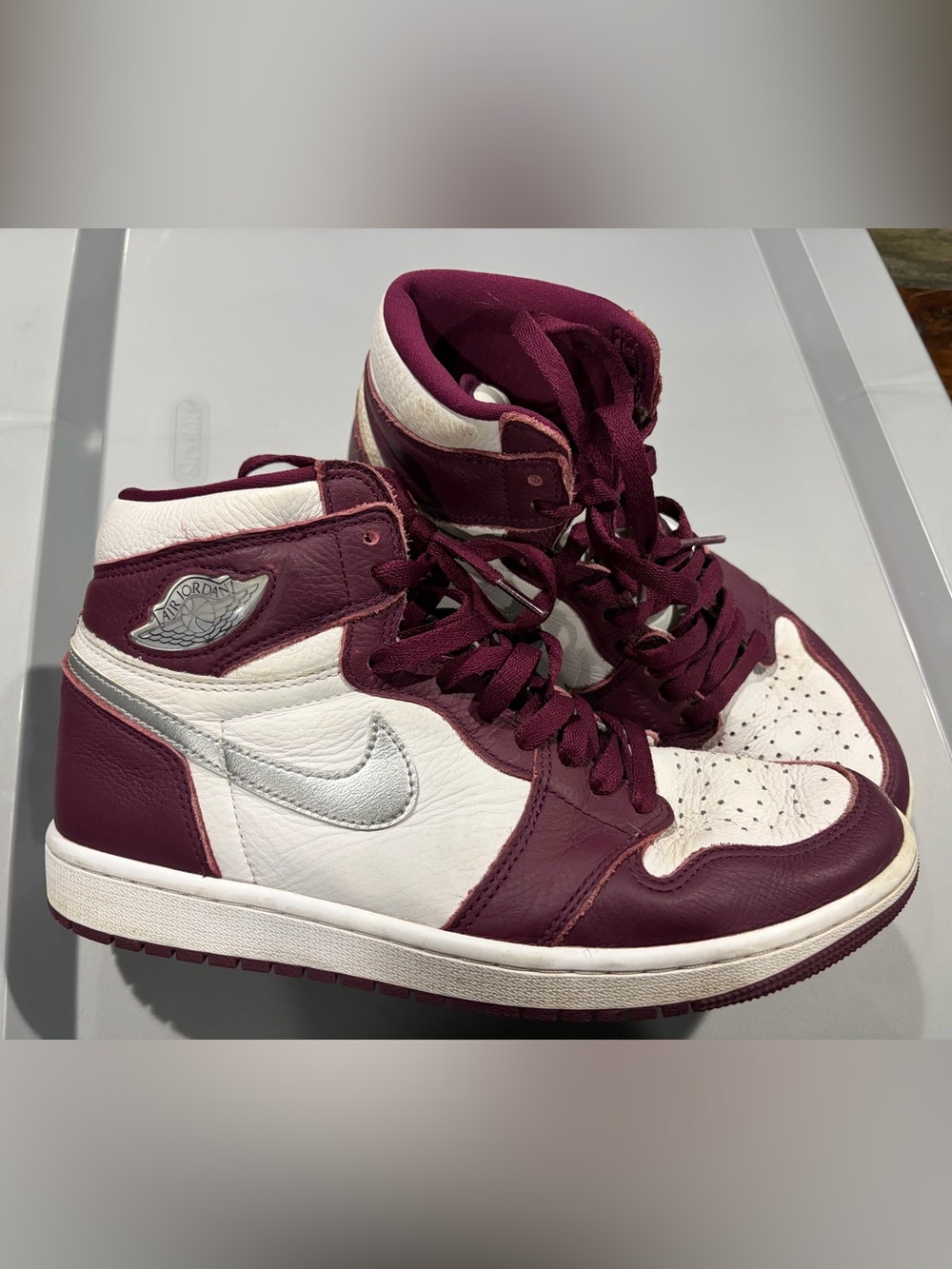 Men’s Jordan 1 Nike size 8.5  High-Top Sneakers - Maroon, White & Silver Swoosh